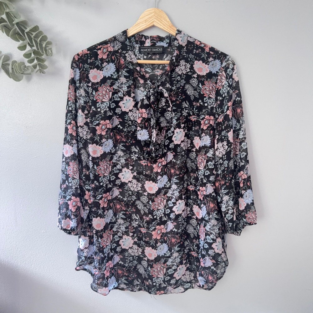 Almost Famous Blouse Black Floral Whimsigoth Cottagecore Tie Neck Chiffon XL